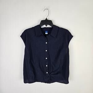 New Old Navy Blue Boxy Sleeveless Button Up Short Length Blouse Collared Medium